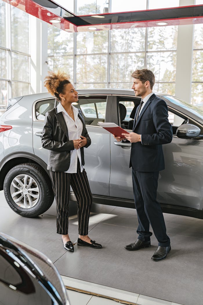 who-we-are An interaction between a woman and a salesman at a car dealership, discussing vehicle options.